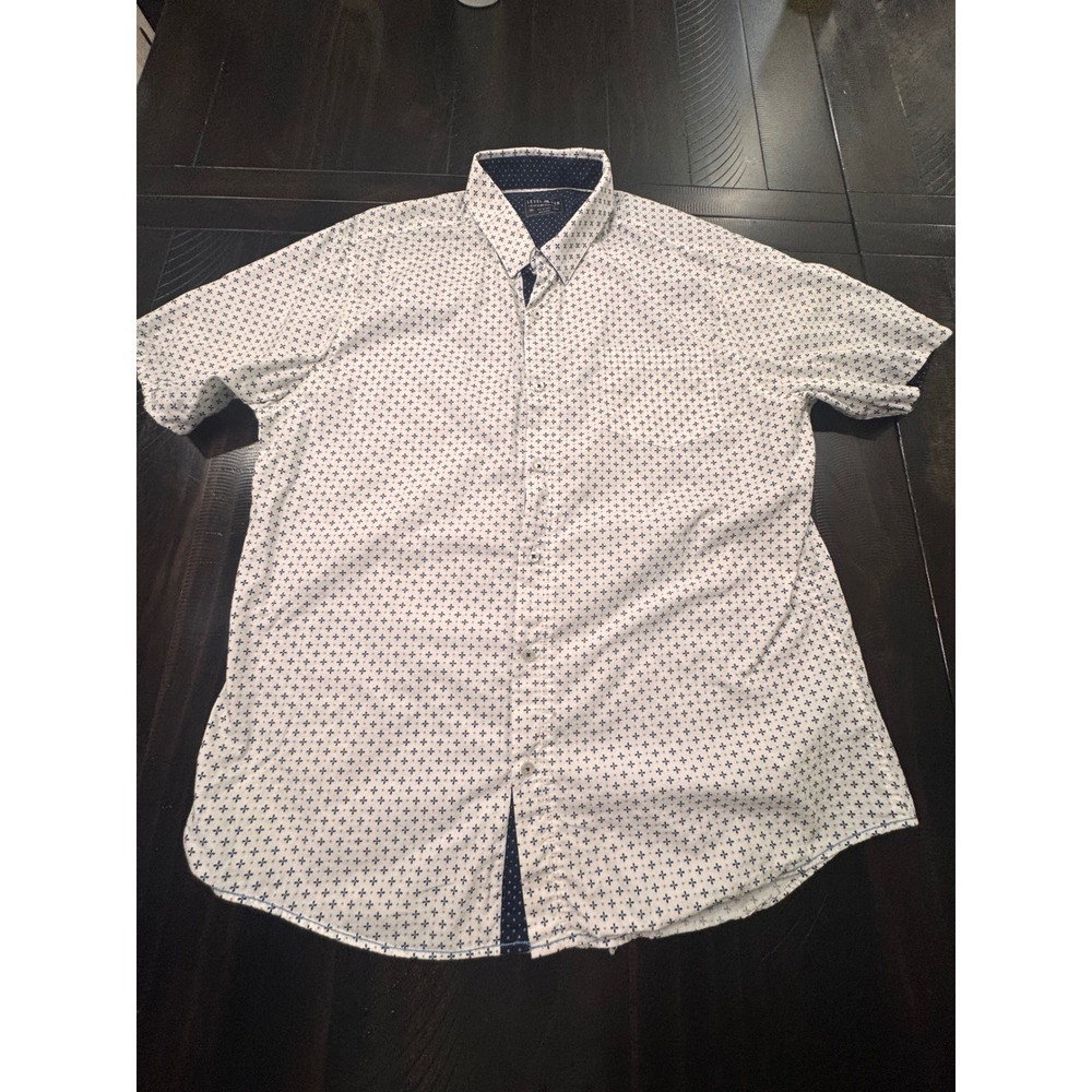 Level Ten Mens XXL White Navy Geometric Short Sleeve Button Down Shirt